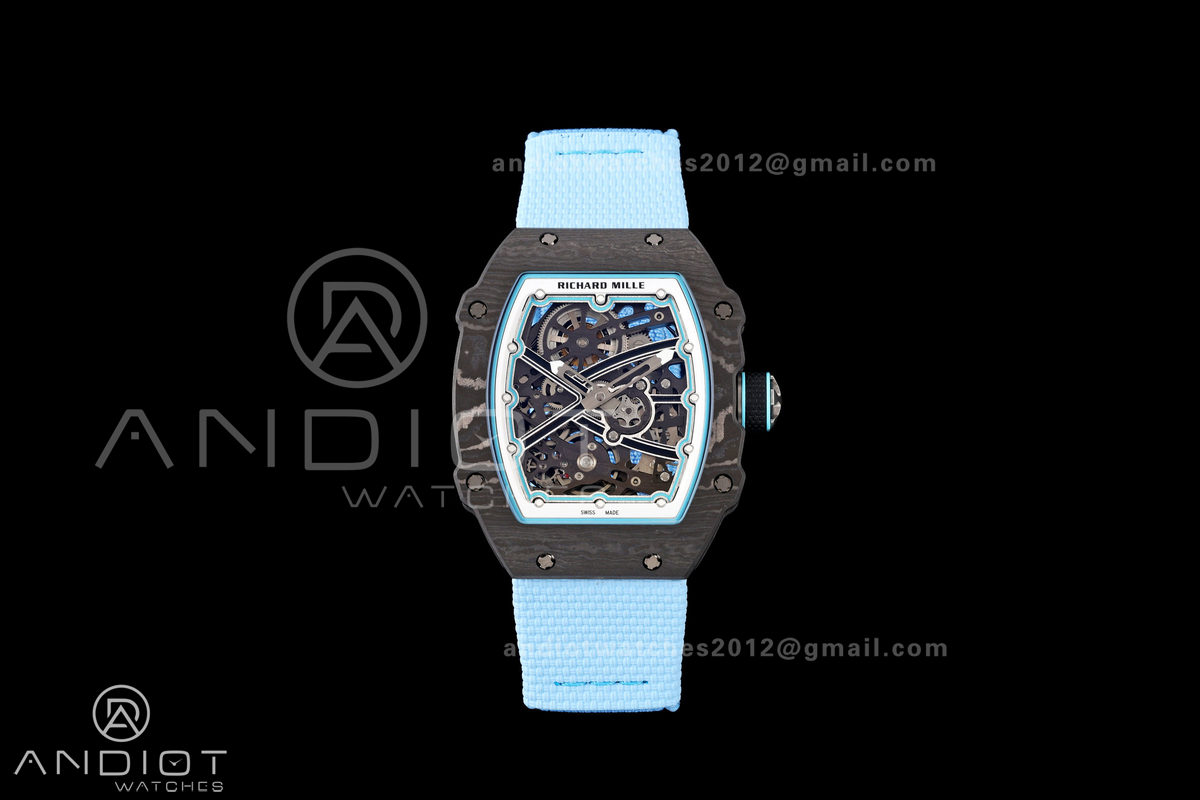 Umi Maker's RM67-02 Black NTPT Black Skeleton Dial on Baby Blue Nylon strap CRMA7 Clone V2